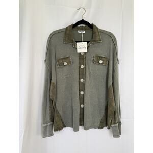 Mittoshop Distressed Olive Button-Up Shirt Size M/L Waffle Knit Utility Plaid